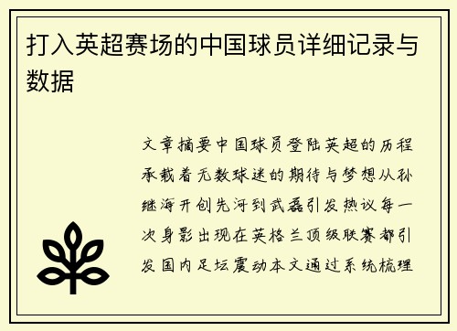 打入英超赛场的中国球员详细记录与数据